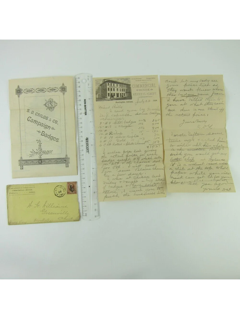 1884 Commercial House Huntington Indiana Letterhead SD Childs Co Badges Ad Lot
